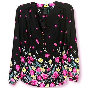 SALE | Floral Print Sheer Long Convertible Sleeve 3 Button Pullover Blouse